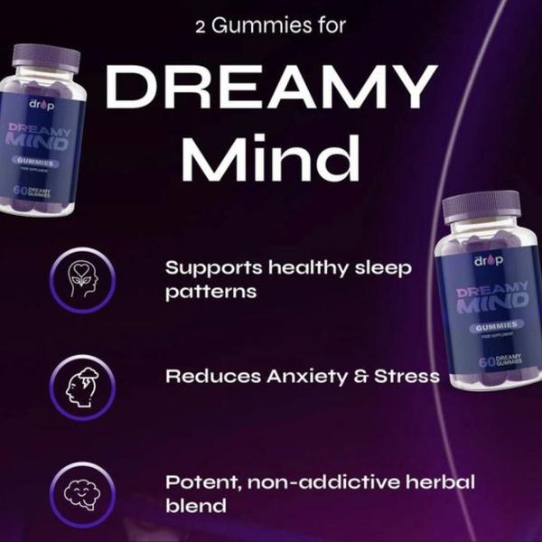 A square-ratio ad showing two bottles of Dreamy Mind gummies flanking a list of three core product benefits using clear, descriptive iconography.